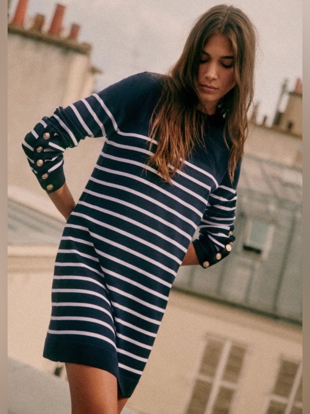 NWT Sezane Paola Mini Dress Merino wool Striped Navy blue 1S